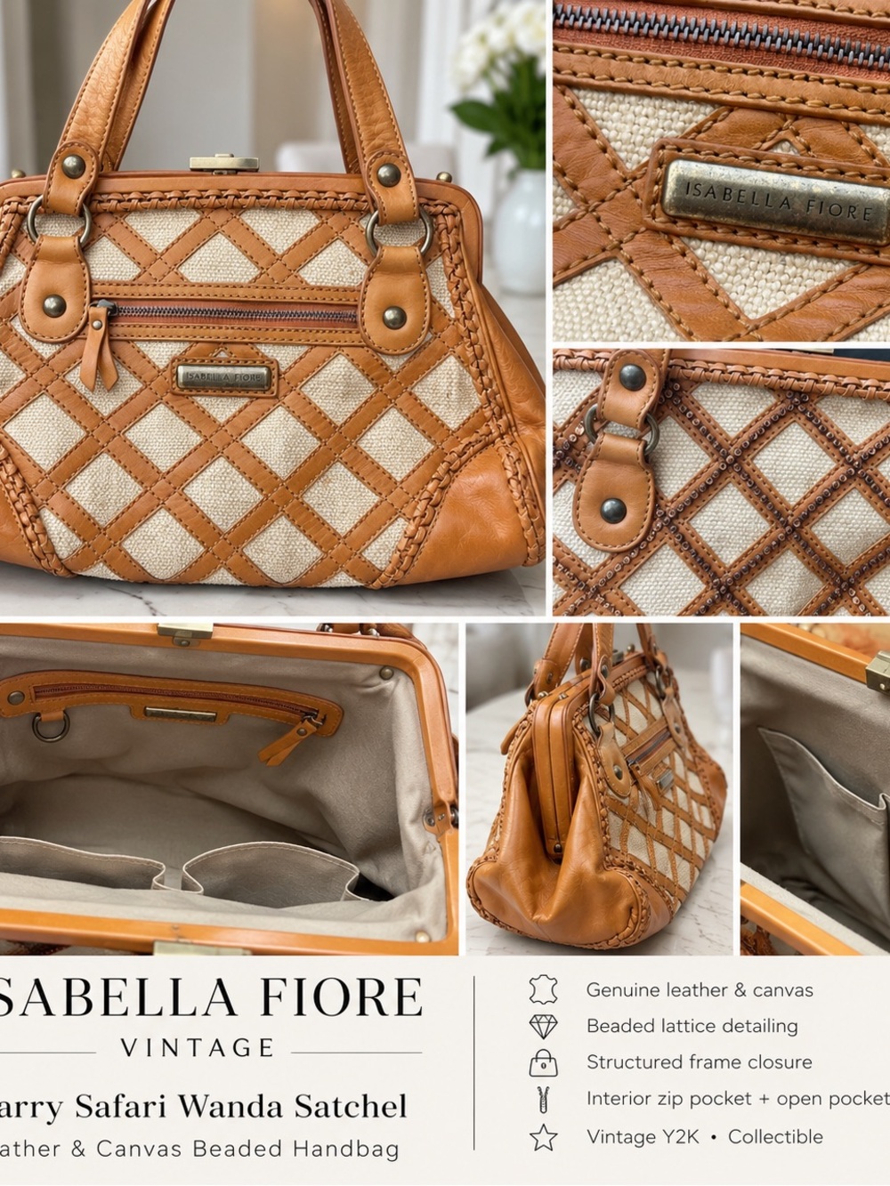 Isabella Fiore Tan & Cream Beaded Lattice Satchel